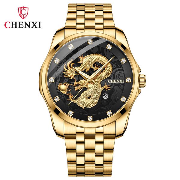 CHENXI 8220 Top Marke Uhr Mann Mode Drachen Goldene Voller Stahl Quarzuhr Männer Business Wasserdicht Datum Armbanduhren