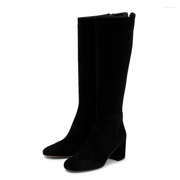 Сапоги, зимние теплые черные бархатные женские туфли до колена с круглым носком, Botas Mujer, молния сзади, Zapatos Para Mujeres, матовые высокие каблуки