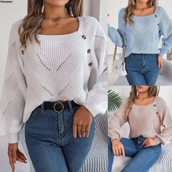 Suéteres femininos Mulheres Chunky Knit Sweater Botões Escavados Pescoço Quadrado Lanterna Manga Longa Pulôver Oversized Malha Jumpers Tops