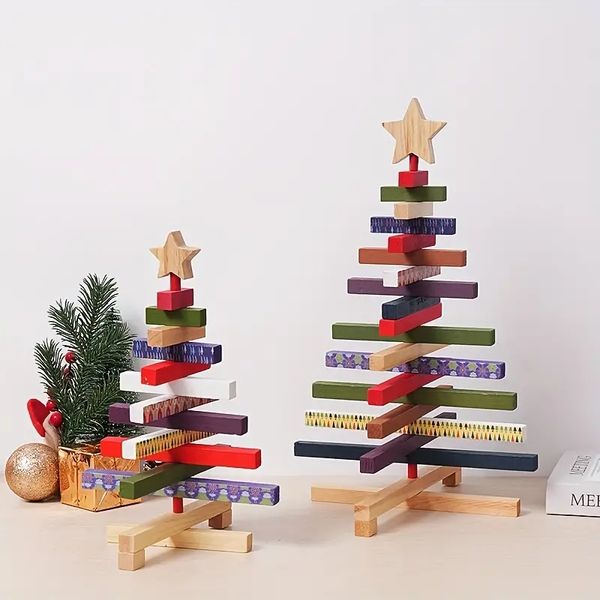 1 pezzo, albero di Natale in legno, decorazioni natalizie per finestre, decorazioni per la casa, blocchi di costruzione dipinti, centro commerciale creativo, striscia di legno, decorazioni per feste a tema, decorazioni natalizie