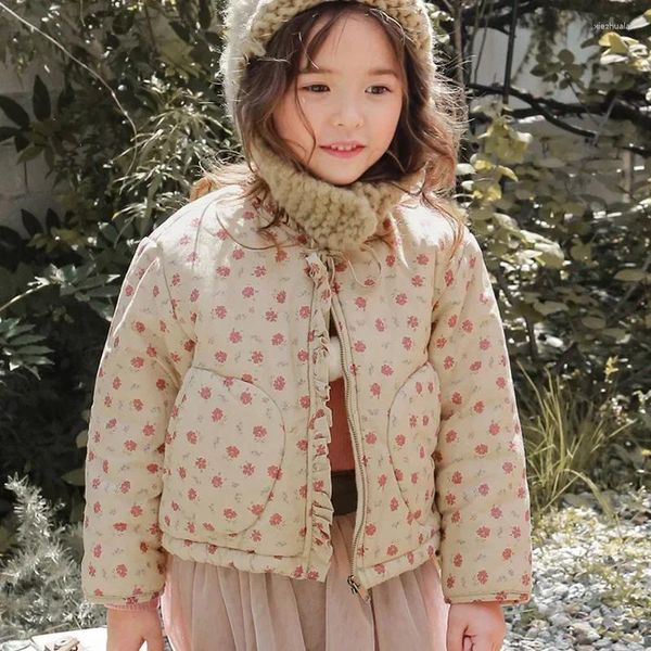 Jacken Ankunft Herbst Baby Mädchen Mäntel Schwarz Beige Blumendruck Parkas mit Seitentaschen Bowknot Ball verziert Reißverschluss Strickjacken