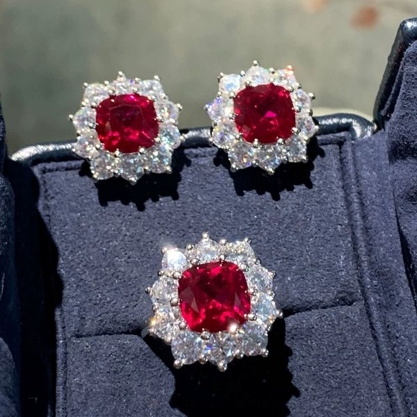 Set di gioielli da sposa per donna Imitazione tormalina Cristallo rosso zircone Set di diamanti Anello aperto Orecchini schiuma Fidanzata Regalo di compleanno per feste