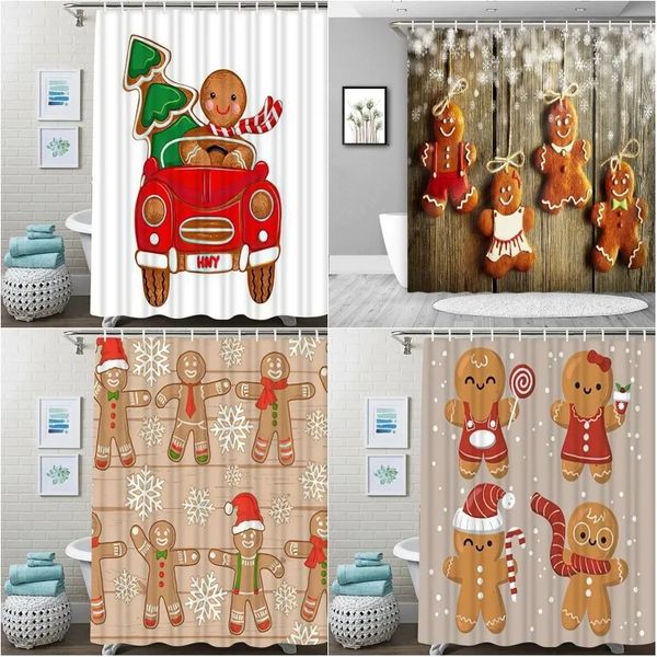 Cortina de chuveiro de homem-biscoito de Natal à prova d'água tema de Natal banheiro tecido de poliéster decoração de banheiro