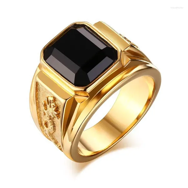 Anéis de cluster design criativo quadrado preto vermelho pedra anel masculino punk retro cor de ouro duplo dragão de aço inoxidável amuleto jóias presente