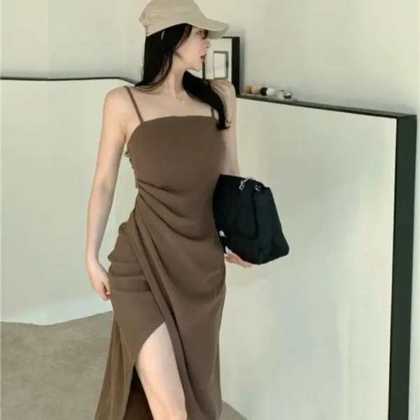 Casual Kleider 2023 Sommer Koreanische Version Frauen Kleid Schlitz Westen Hüfte Rock Falten Schlank Sexy Baumwolle Design Mode