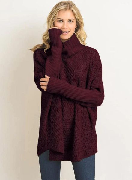 Suéter feminino outono inverno malha solta suéter sólido casual pulôver feminino gola alta manga comprida top preto cinza borgonha 2023
