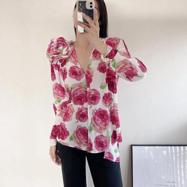 Camicette da donna Moda retrò allacciata con scollo a V Camicia fatta a mano con fiori di rosa 2023 Estate Y2k a maniche lunghe Stampa attiva Top da donna irregolari