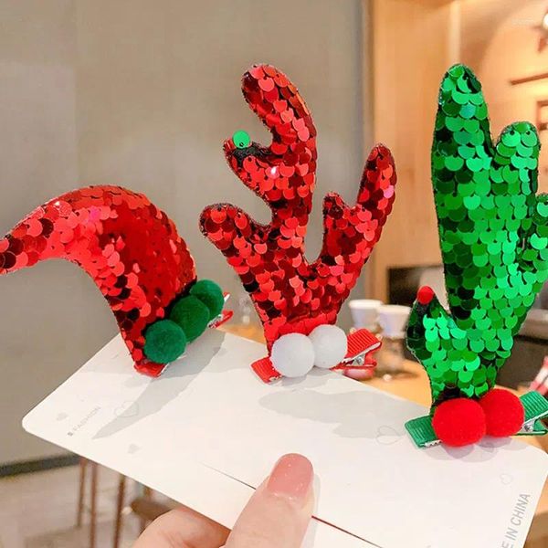 Acessórios de cabelo Bonito Antler Clipes de Natal para Bebê Dos Desenhos Animados Xmas Tree Hairpins Vermelho Verde Lantejoulas Veado Orelha Hairgrips Crianças