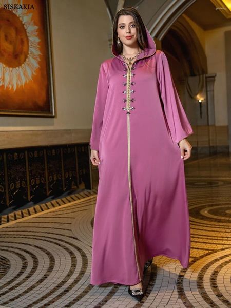 Этническая одежда Сискакиа Мусульманская женщина Восточное платье Дубай Роскошное вечернее атласное платье Мода Бисероплетение с длинным рукавом с капюшоном и шеей в арабском стиле