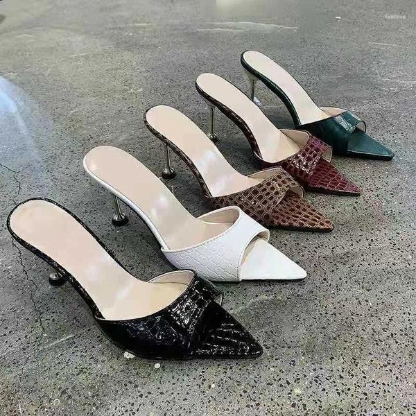 Sandálias femininas chinelos cobra impressão tiras mule salto alto apontou toe slides sapatos de festa mulher casual
