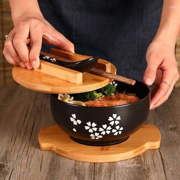 Ciotole 1000Ml Ciotola di Ramen giapponese Sala da pranzo Spaghetti di riso Insalata Stoviglie con coperchio in legno Cucchiaio Bacchette Contenitore da cucina