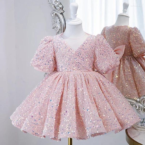 Mädchenkleider Rosa Pailletten formell für Teenager Mädchen 2023 Luxuskleider 2 bis 14 Jahre Kinder Schleife Prinzessin Abend kurzes Kleid Geburtstagsfeier