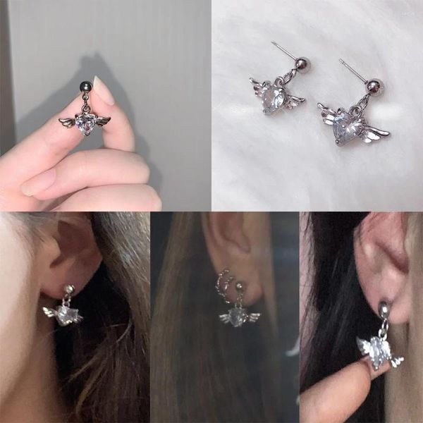 Ohrstecker Vintage Silber Farbe Herz Flügel Kristall Ohr Für Mädchen Frauen Koreanische Mode Ringe Schmuck Großhandel