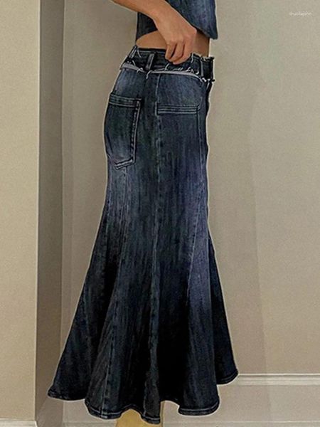 Abiti da lavoro High Street Set gonna di jeans sexy 2023 Primavera Estate senza maniche Bordo in pelliccia Womem Reggiseno Gilet INS Spicy Girl Slim Tromba Gonne Suit