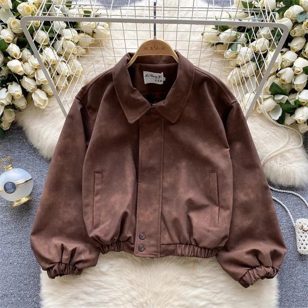 Damen Leder 2023 Koreanische Frauen Kurze Faux Wildleder Jacke Casual Revers Langarm Weibliche Motorrad Biker Frühling Herbst Streetwear