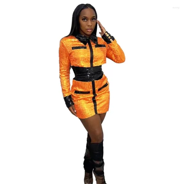 Casual Kleider Mode Pailletten Kurzes Kleid Herbst Langarm Enge Party Abend Frauen Sexy Street Club Afrikanische Kleidung 2023 Ankunft