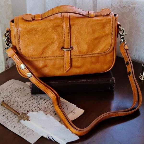 Abendtaschen Vintage pflanzlich gegerbte Oberschicht Rindsleder Echtes Leder Damen Umhängetasche Handtasche Lady Crossbody Casual Kordelzug