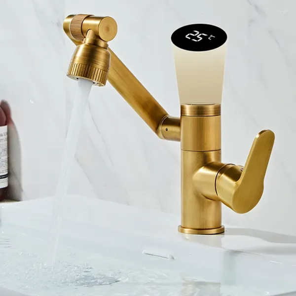 Badezimmer-Waschtischarmaturen, Digitalanzeige, Vollkupfer, antiker Wasserhahn, Waschbecken und kalter Roboterarm, universeller drehbarer Vintage-Waschtischhahn