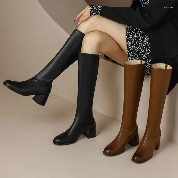 Botas femininas joelho alto couro genuíno longo salto quadrado sapatos casuais mulher inverno tamanho 34-40