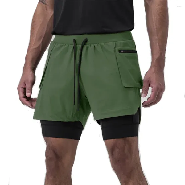 Shorts masculinos homens duas peças de fitness grandes bolsos carga 2 em 1 treino verão ginásio treinamento esportivo náilon jogger masculino calças curtas