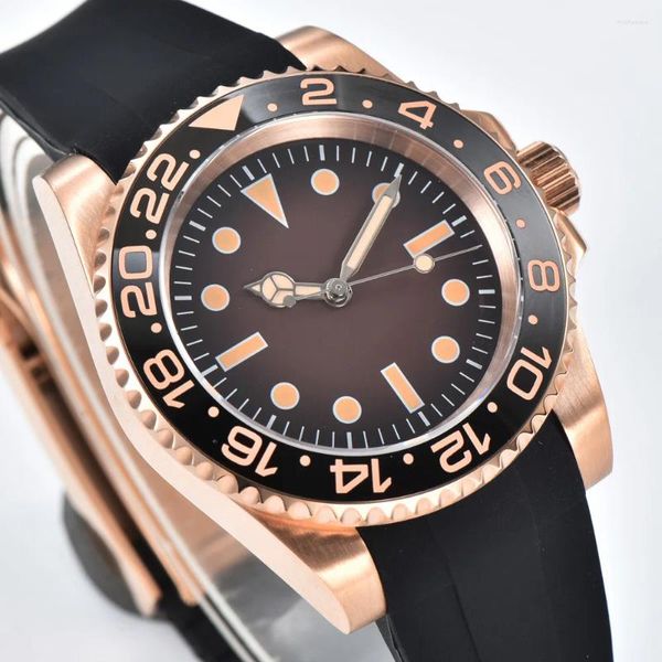 Relógios de pulso relógio de luxo masculino 40mm caso de ouro rosa mostrador asséptico de alta qualidade safira espelho pulseira de borracha à prova d'água