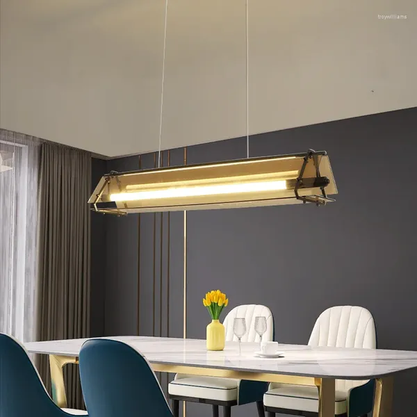 Lampes suspendues Design moderne minimaliste en verre trempé table à manger île lampe LED suspension ambre cuisine luminaire déco