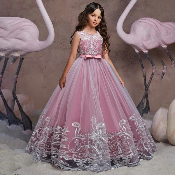 Vestidos da menina Puffy Tulle Lace Flower Girl Dress Traje de Natal Noiva Bow Vestido Princesa Vestido para Meninas Festa de Casamento Primeira Comunhão Vestido 231021