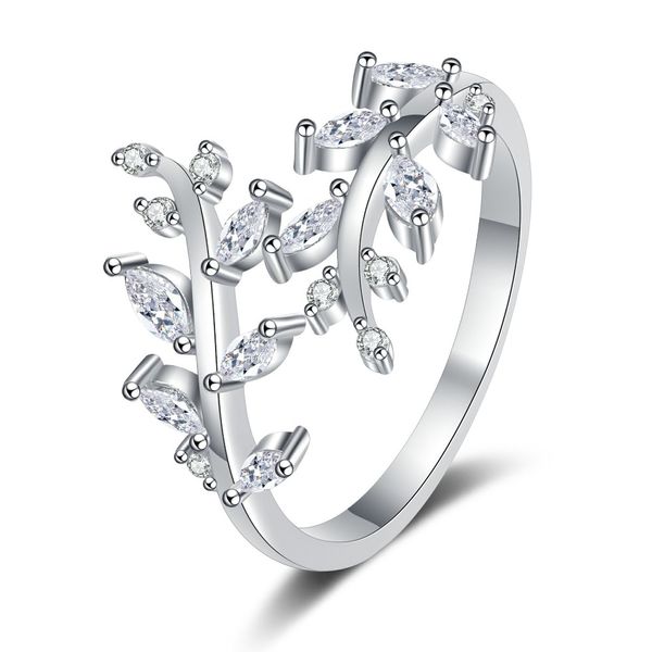 Offener Ring, Messingplattierung Weißgold, süßer Federring, Öffnungsmundblattring, einfacher Hochzeitsfingerring für Frauen