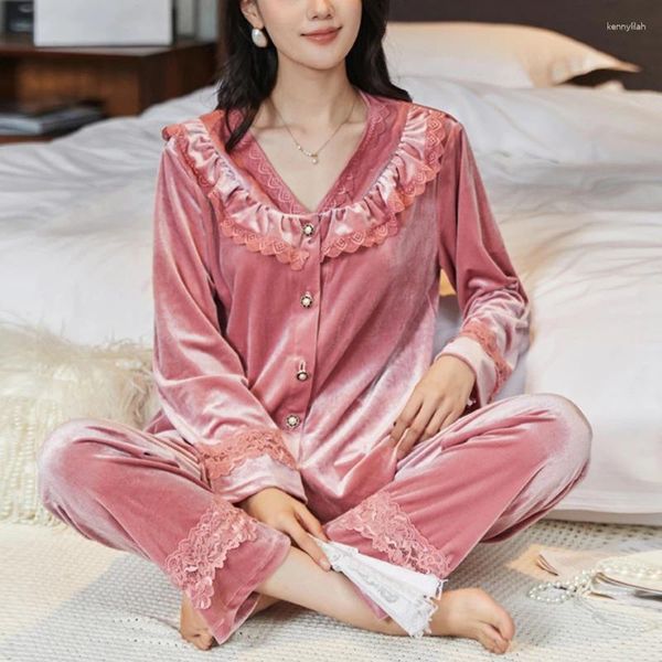 Pijamas femininos rosa renda gola pijamas 2 pçs sexy casa roupas mulheres quente veludo nightwear solto homewear outono inverno camisola