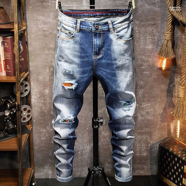 Jeans da uomo da uomo per uomo 2023 pantaloni strappati di colore sfumato blu Hip Hop pantaloni skinny da uomo slim fit elasticizzati casual di alta qualità