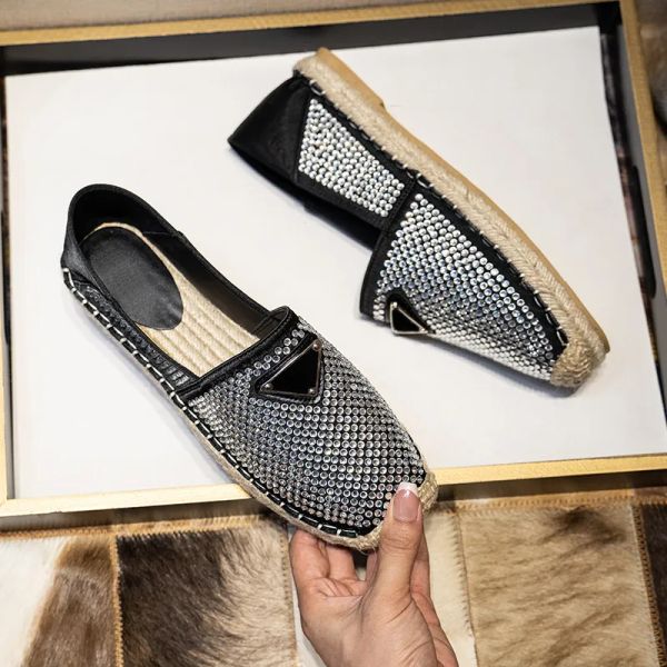 Pradity Donna Triangolo p Scarpe casual di marca Espadrillas piatte Strass Perforazione a caldo Mocassino impreziosito da cristalli Scarpe da pescatore Suola in paglia Scarpe di tela 36-42