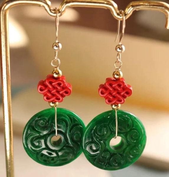 Dangle Küpeler Yeşil Yeşim Çift Taraflı Oyma Para Kadın Jadeite Doğal Taş Aksesuarları Charm 925 Gümüş Hediye Muska Takı