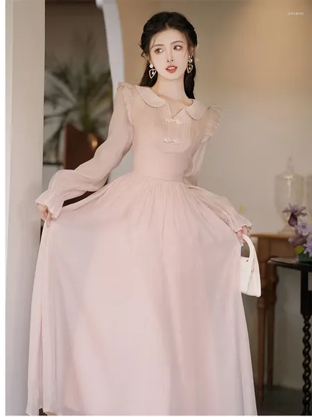 Повседневные платья во французском стиле, сладкий светло-розовый цвет для женщин, осеннее платье с расклешенными рукавами, Vestidos, шикарное женское ретро-кукольное платье с вырезом, милое платье феи