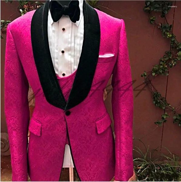 Ternos masculinos homens rosa e preto noivo smoking xale veludo lapela padrinhos casamento homem (jaqueta calças gravata colete) c677