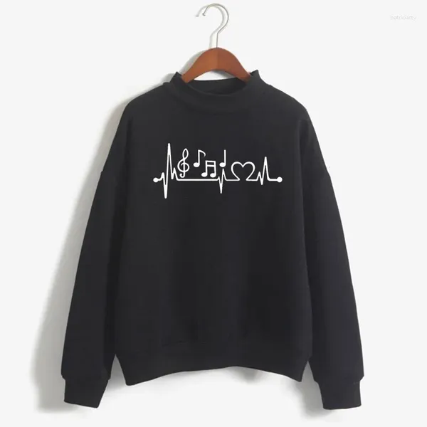 Hoodies femininos notas musicais batimento cardíaco impressão mulher moletom doce coreano o-pescoço de malha pulôver grosso outono inverno doce cor feminina