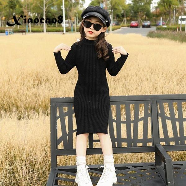 Mädchen Kleider Herbst Winter Kinder Stricken Pullover Für Mädchen Schwarz Beige Rollkragen Casual Kleid Kleinkind Kleine Herbst Kleidung Kinder