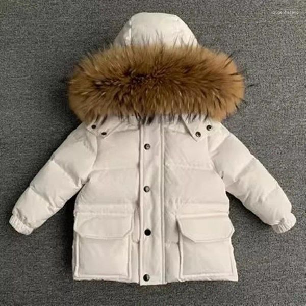 Casaco de inverno rússia, jaqueta grande com gola de pele real, bolso mais grosso, pato branco, roupa de exterior para crianças, parka quente-30 graus wz1251
