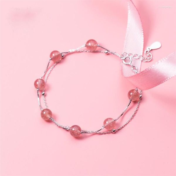 Link-Armbänder Sole Memory Double Layer Pink Strawberry Crystal Round Bead Silberfarbe Female Resizable SBR259