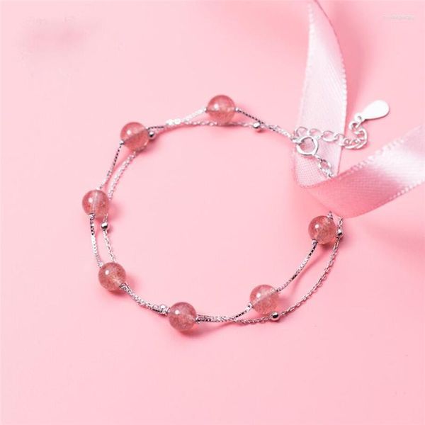 Braccialetti a maglie Suola Memory Doppio strato Rosa fragola Cristallo Perlina rotonda Colore argento Femmina ridimensionabile SBR259