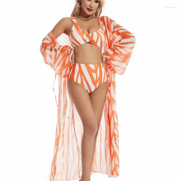 Costume da bagno da donna Bikini da spiaggia Completo a 3 pezzi Costume da bagno da donna sexy Protezione solare estiva Camicetta a maniche lunghe in rete stampata a righe Top a tubo