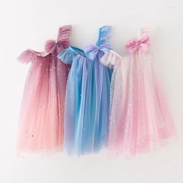 Abiti da ragazza con maniche svasate per bambina, abito in tulle a rete, paillettes scintillanti, festa di compleanno, vestito estivo, vacanza, spiaggia, costume, outfit, forcine