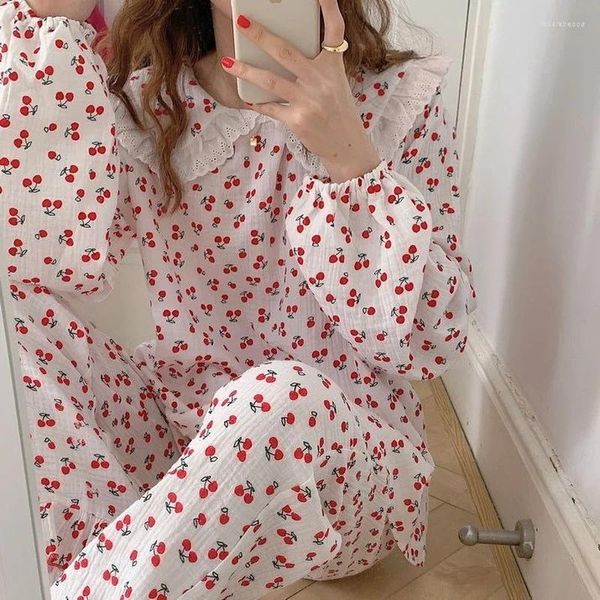 Damen-Nachtwäsche QWEEK Baumwollpyjama Kawaii Kirschdruck-Nachtwäsche Pijama Koreanischer Heimanzug Weibliches Set Frau 2-teiliges Pyjama