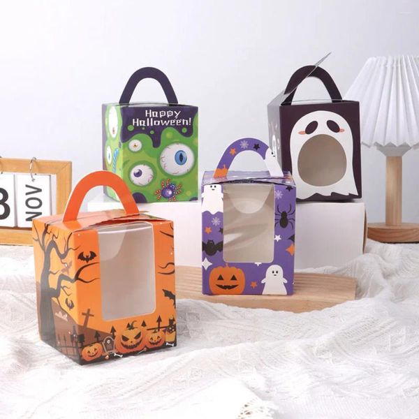 Envoltório de presente 10 pcs Halloween Doces Embalagem Caixa De Papel Bolo Transparente Alça Chocolate Lanche Biscoitos Comida Pão Fontes de Festa