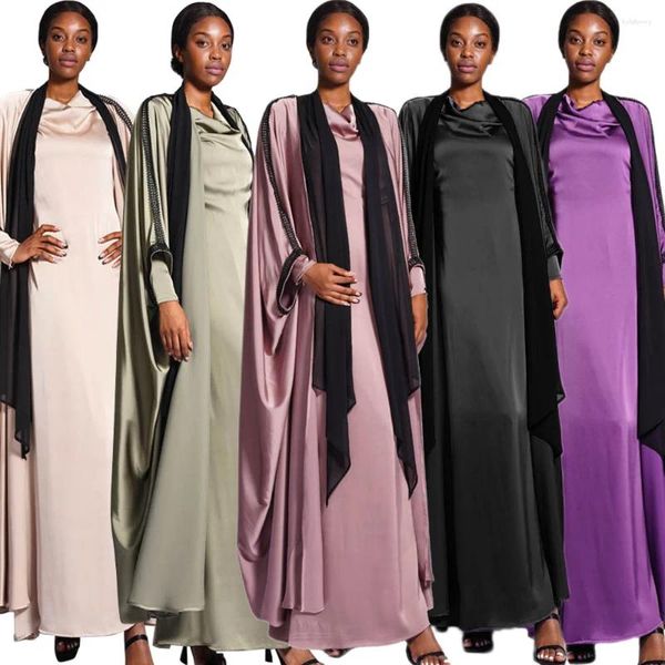 Ethnische Kleidung, 2-teiliges muslimisches Frauen-Satin-offenes Abaya-Kimono-Innenkleid-Set, Türkei, Arabisch, Kaftan, Dubai, Eid Mubarak, Partykleid, marokkanisch