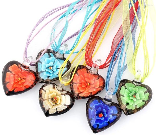 Colares Pingente Moda Atacado Lotes 6 Pcs Handmade Murano Lampwork Vidro Cor Misturada Dentro Flor Vermelha Pingentes Cordões De Seda Colar