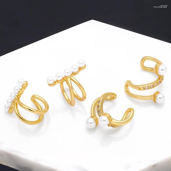 Brincos traseiros flola moda pérola orelha manguito empilhável c forma cz strass pequeno earcuffs clipe para mulher jóias banhado a ouro ersa222