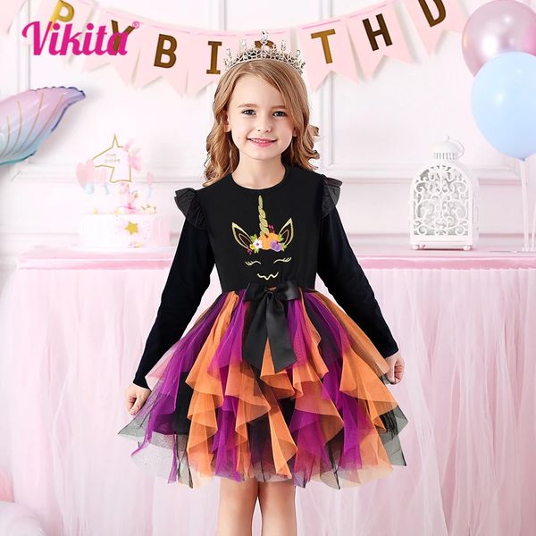 Vestidos da menina VIKITA vestido para crianças menina abóbora bruxas morcegos em camadas malha tule vestido de princesa crianças cosplay festival roupas 3-12 anos 231021