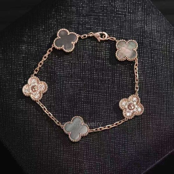 Bracciale Van Quadrifoglio Bracciale rigido Bracciale Vanly Cleefly Versione alta Bracciale a quattro foglie con erba a cinque fiori Bracciale pieno di diamanti Donna Fritillaria grigia a doppia faccia