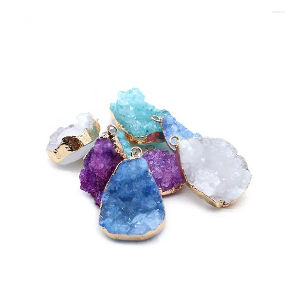 Anhänger Halsketten Charme Natürliche Weiß Lila Blau Geode Drusy Druzys Stein Anhänger Vergoldung Unregelmäßigen Quarz Für Diy Schmuck Machen