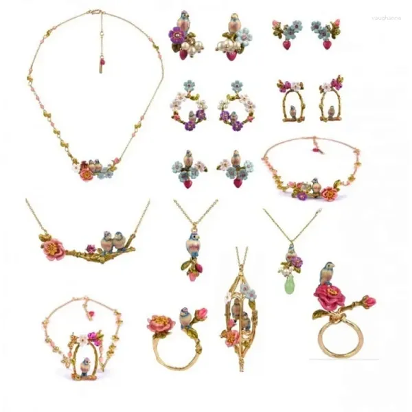 Collana Orecchini Set Serie Blue Tit Gioielli Smalto Smalto Fiore rosa Anello a forma di uccello d'amore